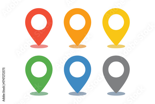 Colorful location pin icons set, vector GPS markers with transparent background, navigation symbols, map pointers in red, orange, yellow, green, blue, and gray, ordered flat design