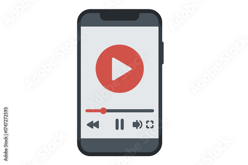 Modern smartphone interface with media player controls vector illustration. Play button, progress bar, volume, pause, fullscreen icons set. Minimal user interface design with transparent background.