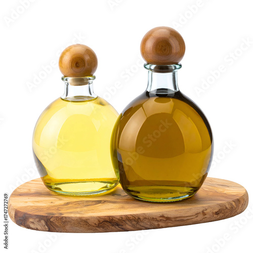 Two glass bottles of oil with wooden stoppers on a wooden cutting board, isolated
