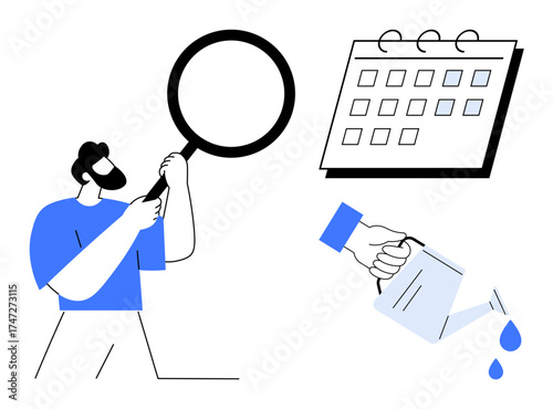 Man holding magnifying glass inspecting focus, calendar marking plans, hand pouring water with can emphasizing growth. Ideal for analysis, planning, organization, strategy, productivity, innovation