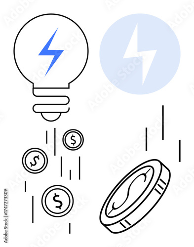 Lightbulb with lightning design releasing dollar coins, symbolizing energy, innovative ideas, and investment returns. Ideal for finance, innovation, energy, business growth, creative solutions