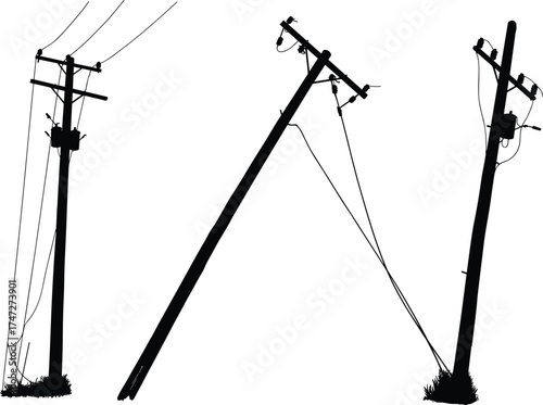 Broken utility poles leaning after storm damage, power line collapse, disaster recovery, electricity infrastructure failure silhouette illustration on white background