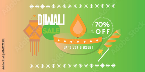 Diwali Sale banner with a green and peach gradient background. Features a large, stylized diya, a traditional lantern, and a firecracker, promoting a 70% off discount.