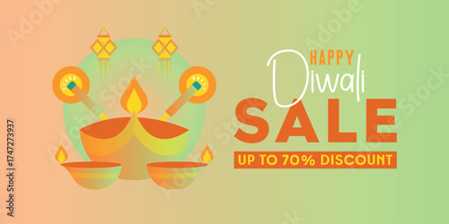 Soft gradient Happy Diwali Sale banner with up to 70% discount. Features a central diya surrounded by three oil lamps, small lanterns, and traditional aarti wicks.