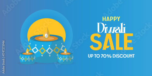Bright blue and yellow Happy Diwali Sale banner with up to 70% discount. Features a large, decorated diya with two smaller oil lamps and a full yellow circle as a backdrop.