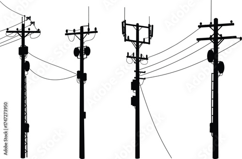 Communication and electric power poles with antennas and cables, black silhouette vector illustration of urban telecommunication and energy infrastructure