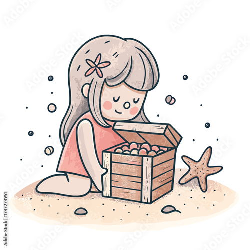 Young girl discovering treasures in wooden box on sandy beach  