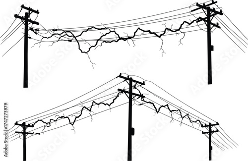 Damaged utility poles, broken power lines, electrical hazard illustration, high voltage danger, energy infrastructure failure, electricity safety warning, urban grid risk