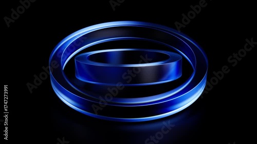 3d blue glossy transparent rings rotation. Glass circles motion abstract background. Simple geometric animation. Seamless loop.