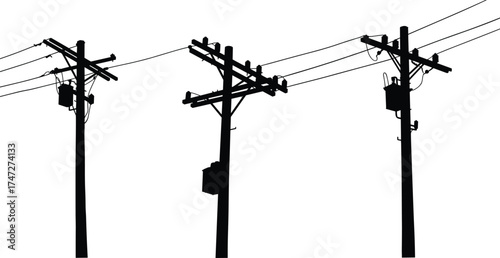 Electric utility poles with hanging power cables, black and white silhouette vector illustration showing old wooden electricity posts and wires