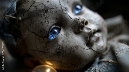 Ultra-realistic cracked porcelain doll with glowing blue eye, eerie close-up Halloween horror concept