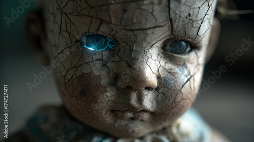 Ultra-realistic cracked porcelain doll with glowing blue eye, eerie close-up Halloween horror concept