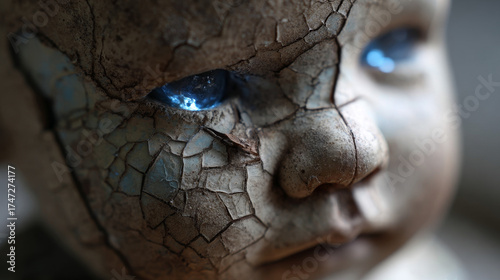 Ultra-realistic cracked porcelain doll with glowing blue eye, eerie close-up Halloween horror concept