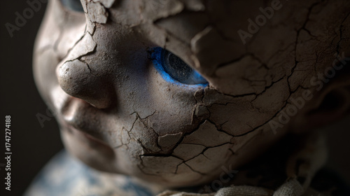 Ultra-realistic cracked porcelain doll with glowing blue eye, eerie close-up Halloween horror concept
