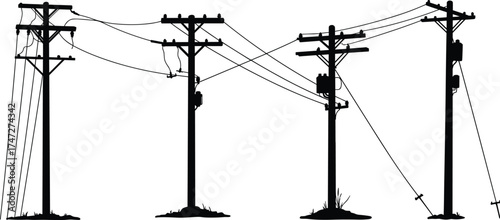 Silhouette of multiple electric power poles with wires and transformers, electricity distribution line black vector illustration on white background