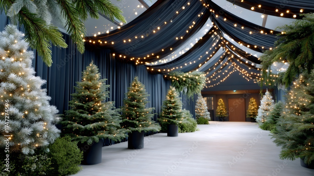 Fototapeta premium Festive event hall decorating with illuminated Christmas trees