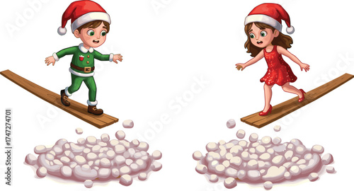 Cartoon children balancing on marshmallows, festive Christmas outfits, Santa hats, elf costume, holiday challenge, playful scene, whimsical winter fun