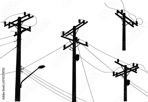 Utility pole silhouettes, electrical infrastructure, power line structures, transformers and insulators, streetlight pole, urban electricity distribution, industrial engineering, energy grid