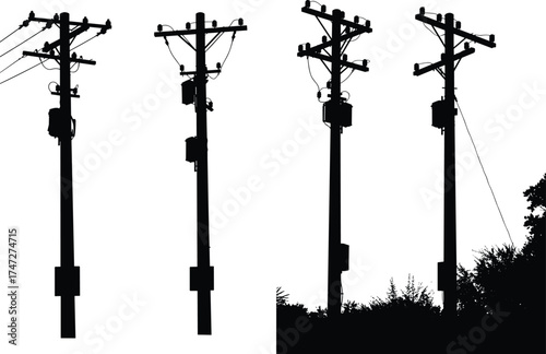 Utility pole silhouettes, electrical infrastructure, power line structures, transformers and insulators, urban electricity distribution, energy grid, industrial engineering, communication cables, 