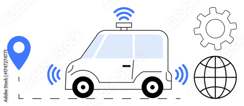 Compact self-driving car with GPS pin, wireless signal waves, globe, and gear icon. Ideal for automation, innovation, connectivity, navigation mobility future technology transportation. Simple