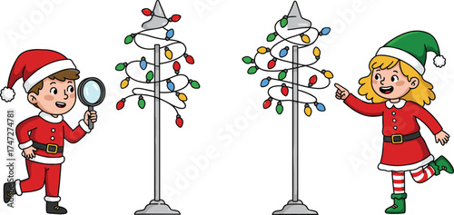 Cartoon children exploring Christmas trees, festive outfits, magnifying glass, holiday lights, Santa hats, cheerful winter scene, playful discovery, seasonal fun