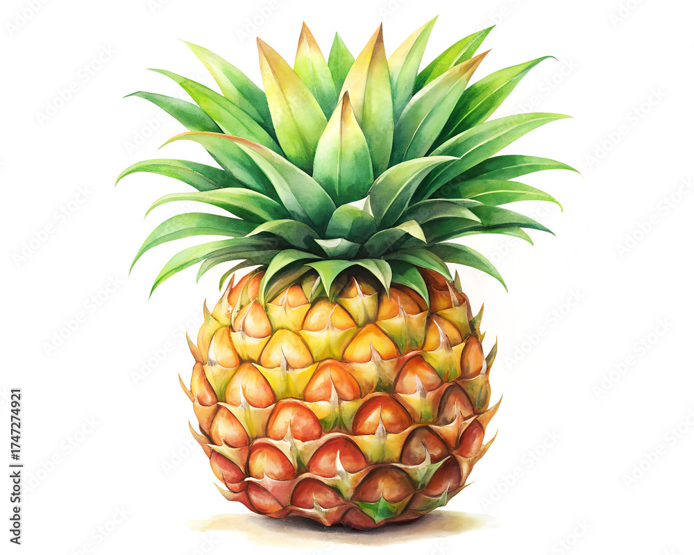 Fototapeta premium Watercolor pineapple, spiky green leaves, on white background