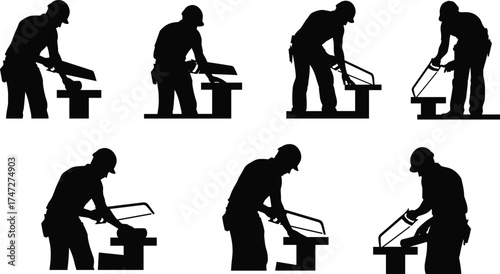 Woodworking silhouette illustration, carpenter cutting wood, hand saw workbench, construction worker, carpentry process, manual labor, timber cutting, industrial safety, craftsmanship design