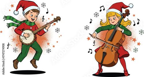 Cartoon children playing musical instruments, festive Christmas outfits, Santa hats, banjo and cello, holiday concert scene, cheerful winter celebration, music notes