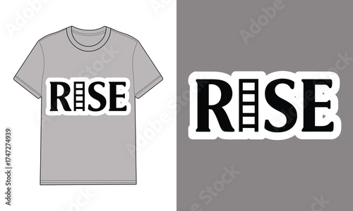 Gray t shirt with sans serif font spelling out the word rise clothing apparel