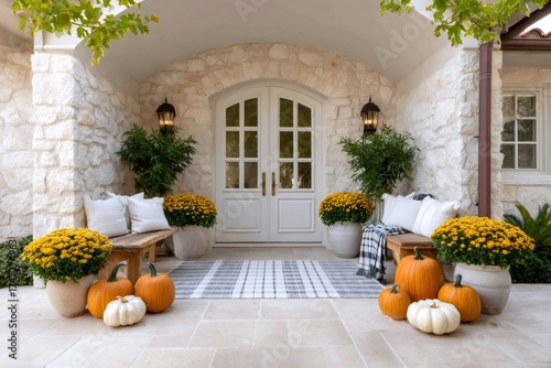 Front porch decor showcasing autumn pumpkins and mums on stone house