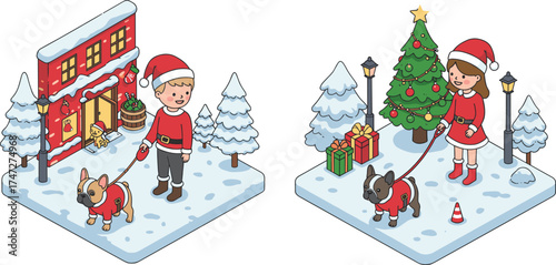 Cartoon children walking French Bulldogs, festive Christmas outfits, Santa hats, snowy winter street, decorated buildings, holiday tree, cheerful seasonal atmosphere