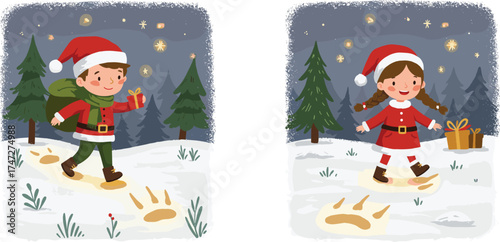 Cartoon children walking in snowy forest, Christmas outfits, Santa hats, gift exchange, magical footprints, festive night scene, holiday adventure