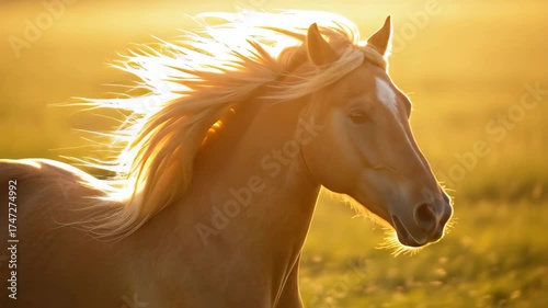 Golden horse running through field at sunset with flowing mane