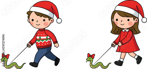 Cartoon children walking pet snakes, festive Christmas outfits, Santa hats, red sweaters, playful holiday scene, imaginative concept, cheerful winter fun
