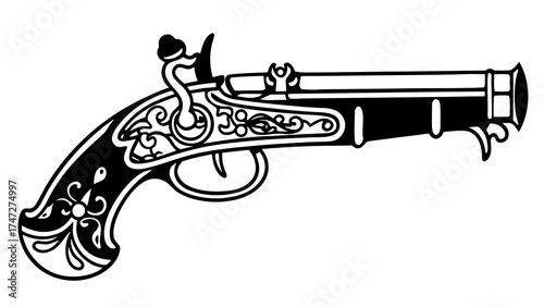 Fotografie Vintage Flintlock Pistol Vector, Ornamental Antique Gun Line Art Illustration, B