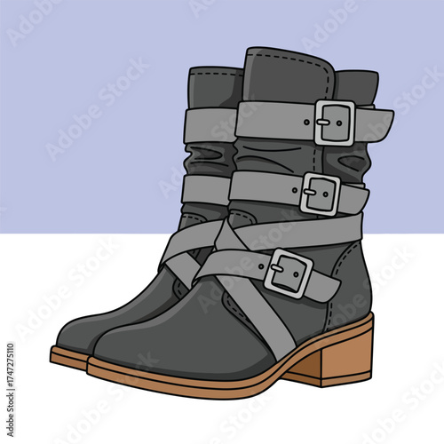 Stylish buckled motorcycle boots flat design icon fashion footwear - Logo vector icon stock illustration - Flat Design Icon
