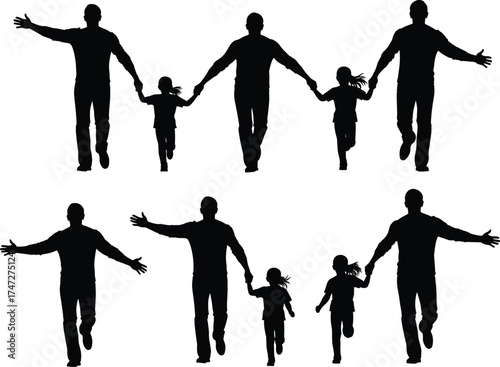 Silhouettes of adults and children walking together, holding hands, family unity, protection, joyful motion, white background, community bond illustration