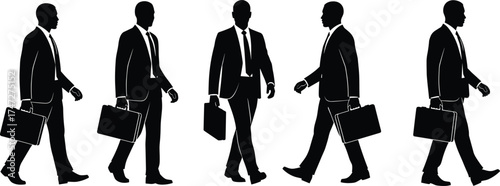Silhouettes of businessmen walking with briefcases, corporate attire, professional motion sequence, teamwork concept, white background, business routine illustration