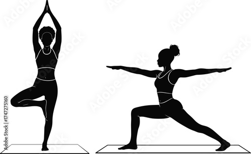Silhouettes of two yoga poses on mats, Tree Pose and Warrior II, fitness illustration, balance and strength, white background