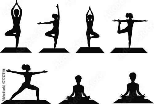 Silhouettes of yoga poses on mat, balance and flexibility postures, fitness illustration, wellness routine, black figures, white background