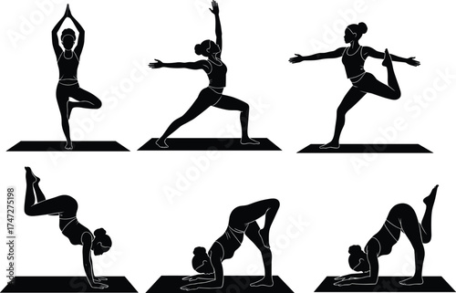Silhouettes of yoga poses on mat, balance and flexibility postures, fitness illustration, wellness routine, black figures, white background