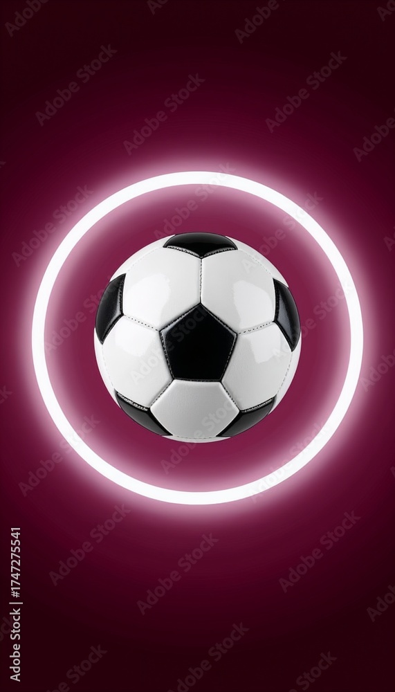 Fototapeta premium Soccer ball in neon circle on dark background 