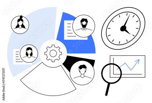 Gear symbol, team avatars, clock, magnifying glass over chart suggest efficiency, collaboration, task management. Ideal for teamwork, productivity, analytics deadlines workflow leadership time