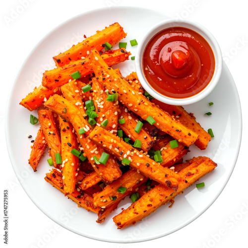 Top-down view of seasoned sweet potato fries with ketchup and chives on a white plate