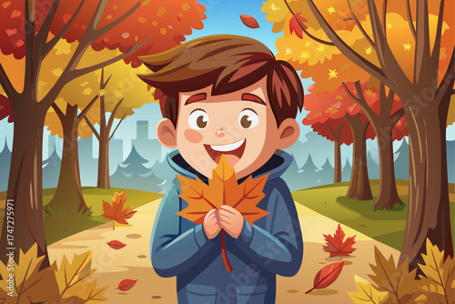 vector of Smiling boy covering one side of his face with maple leaf in autumn park