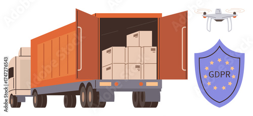 Delivery truck carrying boxes, surveillance quadcopter monitoring, GDPR compliance shield. Ideal for data security, logistics, transport, privacy protection, monitoring, supply chain digital