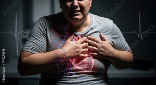 Overweight person suffering from heart pain clutching chest, digital heart and vessels glowing. ECG line shows cardiovascular disease risk from obesity, poor nutrition, high pressure.