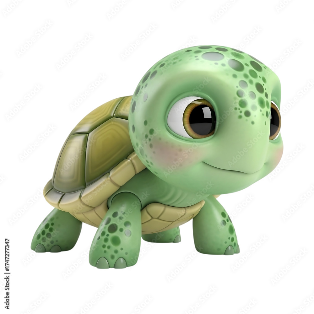 Fototapeta premium A charming, cartoon-style turtle with a friendly expression, standing on a white background.