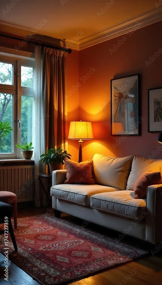 Fototapeta premium Cozy Living Room with Soft Ambient Lighting, Perfect for Relaxation and Comfort