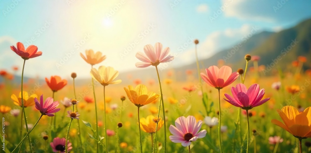Fototapeta premium Sun-Drenched Wildflower Meadow Gently Swaying Flowers Radiating Joy and Serenity